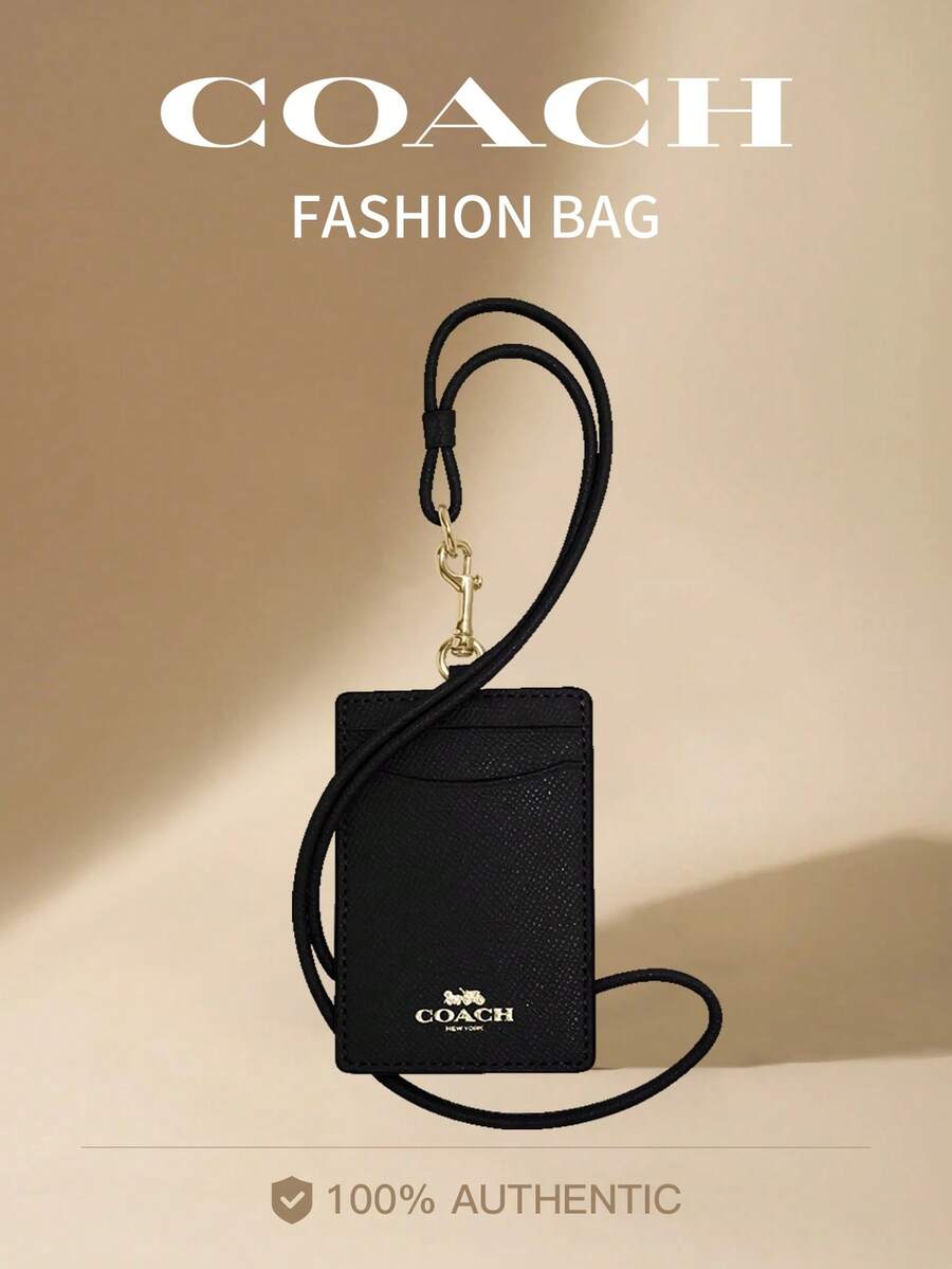 Coach Vertical Genuine Leather ID Card Holder With Transparent ID Window, 2 Credit Card Slots And Detachable Neck Strap - Black - View 1