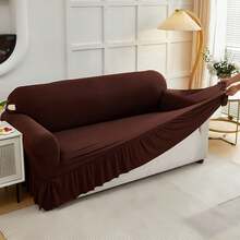 1PC Elastic Skirt Sofa Cover Universal Four Seasons Anti-Dirty And Non-Slip Solid Color Sofa Cover Suitable For 1/2/3/4 Seat Home/Living Room Decoration All-Inclusive Sofa Protective Cover Valentine's Day Gifts Valentine's Day Decorations - 咖啡色-1 - 查看 5