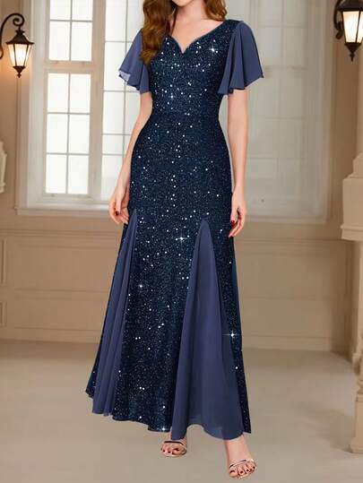 Women's Elegant Chiffon Patchwork Sequin Dress, Basic Style Formal Dress Wedding Party Spring