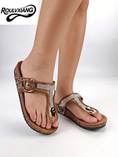 roulvxiang Bred passform plusstorlek damsandaler med metallspänne, casual inomhus-/utomhusfärgade strass-glitterflip-flops, flerfärgade