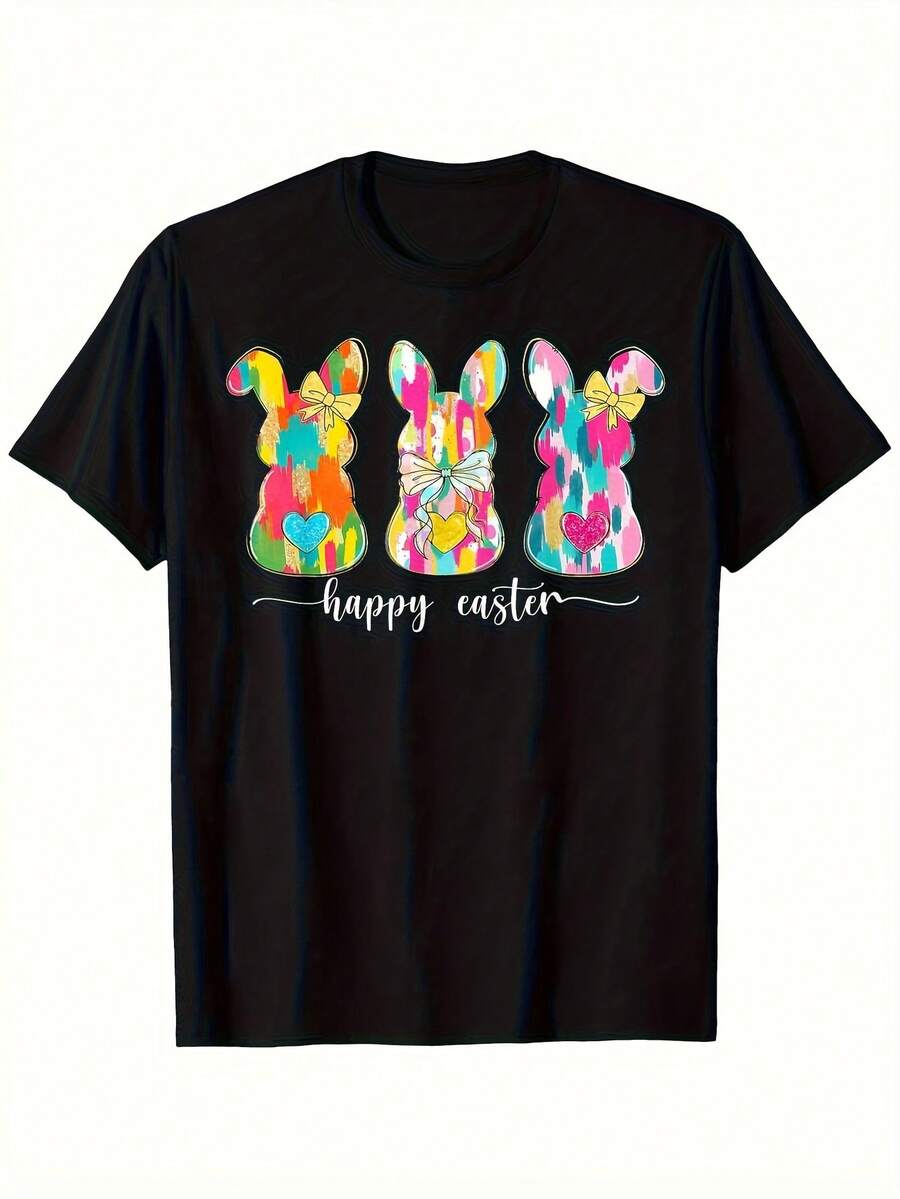 Camiseta de edición limitada de Pascua para hombre - Camiseta gráfica de conejo feliz con texto "Happy Easter Sct" - Fondo negro con colores pastel - Camisa holgada de algodón suave para atuendo de fiesta de Pascua, Sp - Negro 5 - Ver 1