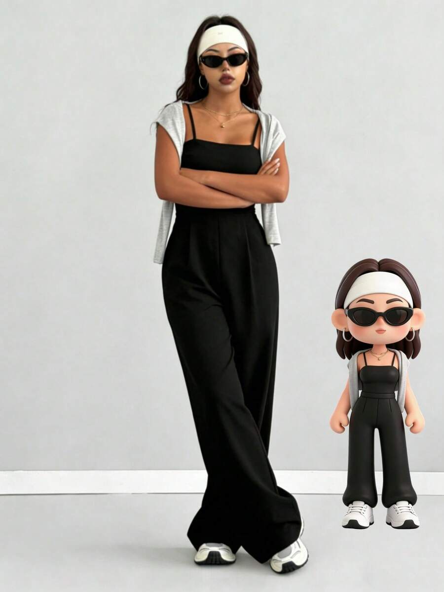 Mono de mujer, diseño de cintura alta, cuello en U y espalda en U, adecuado para uso diario casual, gimnasio, yoga, correr, primavera/verano - Negro - Ver 1