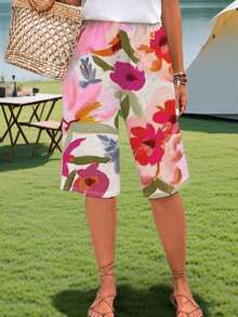 时尚轻盈优雅印花休闲度假百搭修身衬衫，适合户外、居家、旅行和工作场合，女士夏季新款印花休闲艺术度假风沙滩短裤 - 花色 - 查看 2