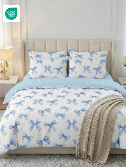 2/3pcs Bedding Set, Soft & Breathable Bedding Set, Skin-Friendly, Cartoon Style Duvet Cover Set, Soft & Pilling Resistant, Cute Home Textile, Room Decor, Light Blue Bow Print Duvet Cover Set, Duvet Cover & Pillowcase, Comforter Not Included, Fit Twin/Full/Queen/King Size Bed, Suitable For All Seasons, Fashionable & Cute Duvet Cover Set For Bedroom & Dorm, Machine Washable, OEKO-TEX Certified