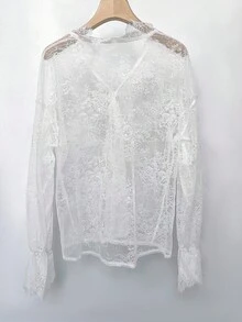 Top Casual Francesa Feminina de Manga Longa com Decote em V, Renda Sólida Transparente Elegante para Praia, Férias, Uso Diário, Branco Verão - Branco - Visão 6