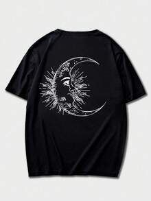 Men's Fashionable Star & Moon Print Black Crew Neck Short Sleeve T-Shirt, Summer - Black - View 4