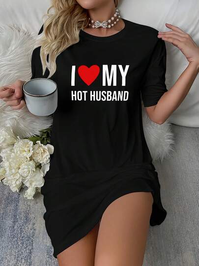 I Love My Hot Husband Slogan Print Comfortable Women's Short Sleeve Round Neck-Shirt Nightdress - Casual Sleepwear, Washable Polyester Blend GF7V