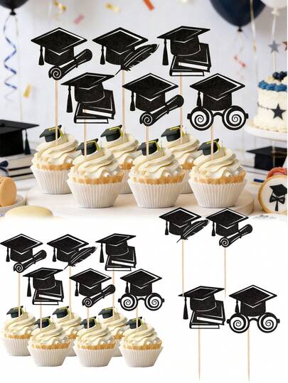24pcs 2026 Graduation Cap Cake Toppers, Glitter 2026 Graduate Cake Picks, Congrats Graduation Degree Cap Cake Decorations, 2026 Graduation Theme Party Cake Supplies, Black