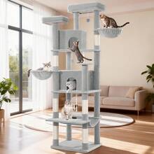 HEXCELEN Cat Tree For Large Cats, 216cm Cat Tower, Multi-Level Cats Climbing Tower With Scratching Posts, 2 Comfy Condos, 2 Perches, 2 Baskets, Hammock, For Indoor Use - Light Grey - View 1