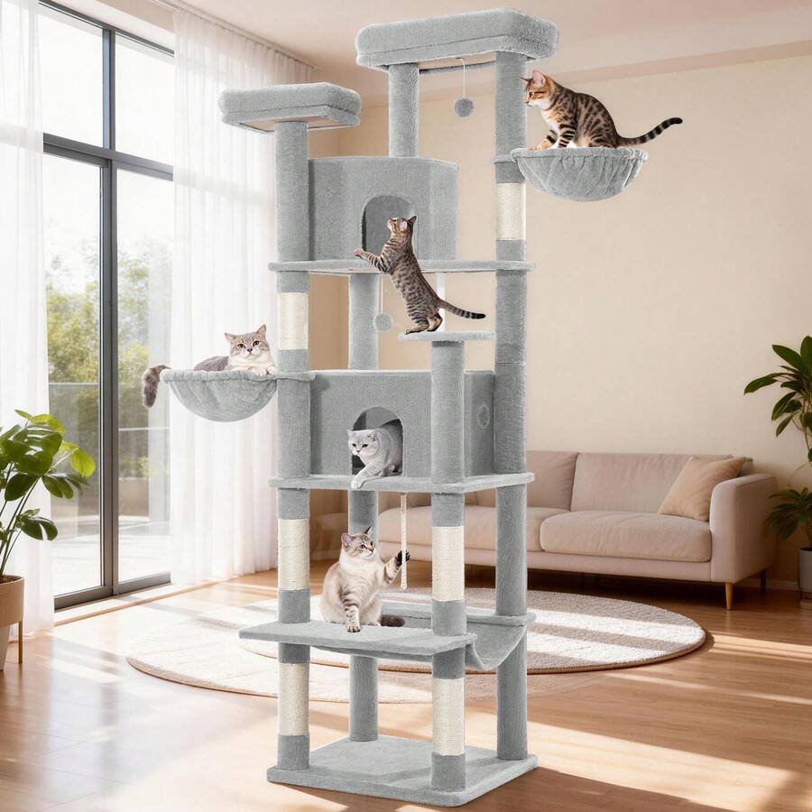 HEXCELEN Cat Tree For Large Cats, 216cm Cat Tower, Multi-Level Cats Climbing Tower With Scratching Posts, 2 Comfy Condos, 2 Perches, 2 Baskets, Hammock, For Indoor Use - Light Grey - View 1