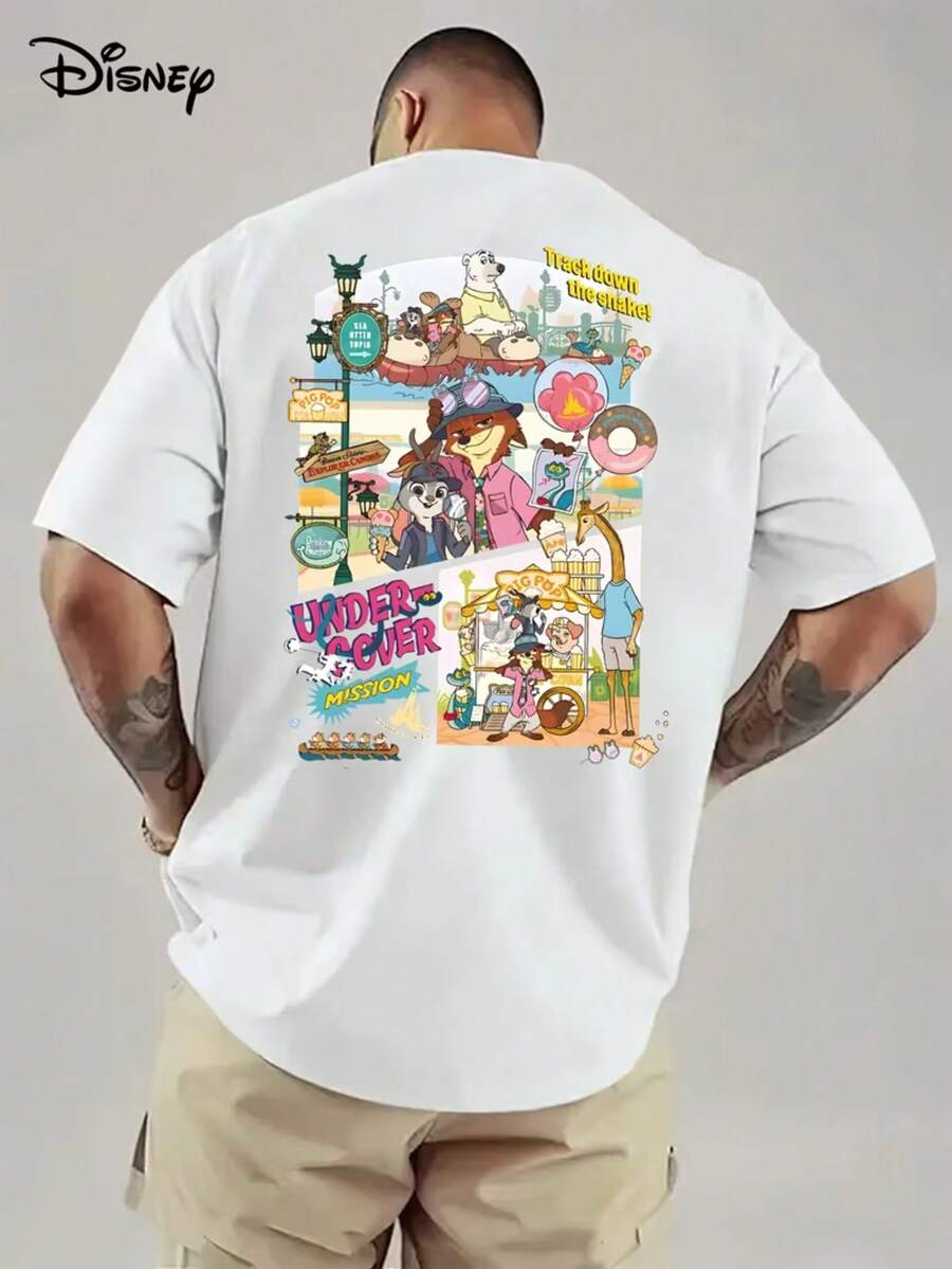 Disney Authorized Men < < Zootopia > > Undercover Task Theme: T-Shirts With  Crowds Going Out Of The Street, Judy Nick+Urban Scene Decoration, And "Trackdownthesnake" Slogan Embellishment. The Printing Details Are Full Of Atmosphere, And The Fabric Is Washable And Easy To Take Care Of, Which Is Suitable For Cool Crowds Going Out Of The Street, Punching In The Park, Commuting And Relaxing. - 白色 - 查看 1