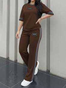 2pcs Women's Spring/Autumn Round Neck Short Sleeve T-Shirt And Elastic Waist Loose Pants Set, Casual Daily Wear - Brown 235 - View 2