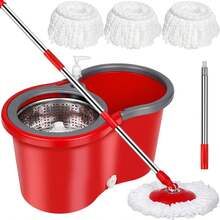 Spin Mop And Bucket With Wringer Set,Mop And Bucket Set For Floor Cleaning With 3 Mop Refills 61 Inches Telescoping Mop Rod For Office And Home Use,Red,(360 Mop Bucket) - RED - View 8