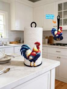 Portarrollos de papel de gallo colorido de 26 cm, decoración de mesa de arte de hierro, decoración de gallo vertical, base antideslizante y resistente, fácil instalación, adecuado para cocina, mesa de comedor, fiesta, alféizar, baño, estilo rústico y decoración festiva, regalo romántico del Día de la Madre para mamá - Multicolor - Ver 10