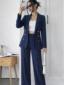 Set traje blazer y pantalón mujer elegante moderno casual botones estilo oficina primavera verano cómodo - Azul Marino - Ver 3