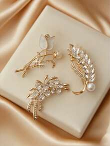 3pcs Vintage Faux Pearl Rhinestone Butterfly Flower Brooch Set, Elegant Accessory For Suit, Coat, Gift For Friends And Mothers - Gold - View 1
