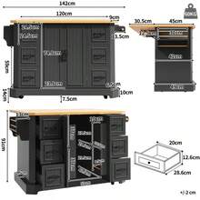 Mobile Kitchen Island, Kitchen Unit, Kitchen Cart With 2 Doors And 6 Drawers, On Casters, (120 X 45 (75) X 91 Cm), White/Black - Black - View 5