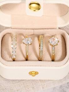 4 piezas Anillos de circonita cúbica preciosos con caja para mujeres para boda, compromiso, aniversario, fiesta, joyería, regalo del Día de San Valentín - 1# - Ver 3