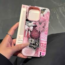 Estuche para teléfono con diseño de mariposa y lazo rosa compatible con  17,  16 Pro Max,  15 Pro Max,  13 y  12, resistente al agua, a las caídas, a los arañazos, elegante y resistente a las manchas. Un gran regalo para familiares, amigos, amantes, novios/novias y el día de San Valentín. - Rosa - Ver 3