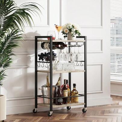 Black 3-Tier Rolling Bar Cart Multifunctional Drinks Serving Trolley With Wine Rack Glass Holder For Home Living Room Kitchen