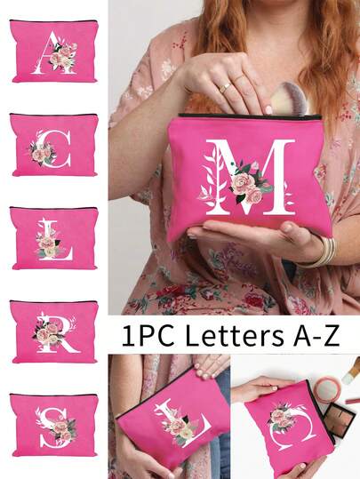 Ins Styles Initial A-Z Flower Print Makeup Bag, Cute Retro Simple Fashion Letter Pattern Printed Bag Storage Bag,Cosmetic Pouch For Small Items Storage,Storage Bag, Makeup Storage Bag, Toiletry Bag,Lightweight Foldable Storage Bag,Teacher Gift Clutch Bag,Storage For Nurses, Doctors, Teachers Bag, Suitable For Personal Travel Cosmetics Storage,Valentine's Day Gift