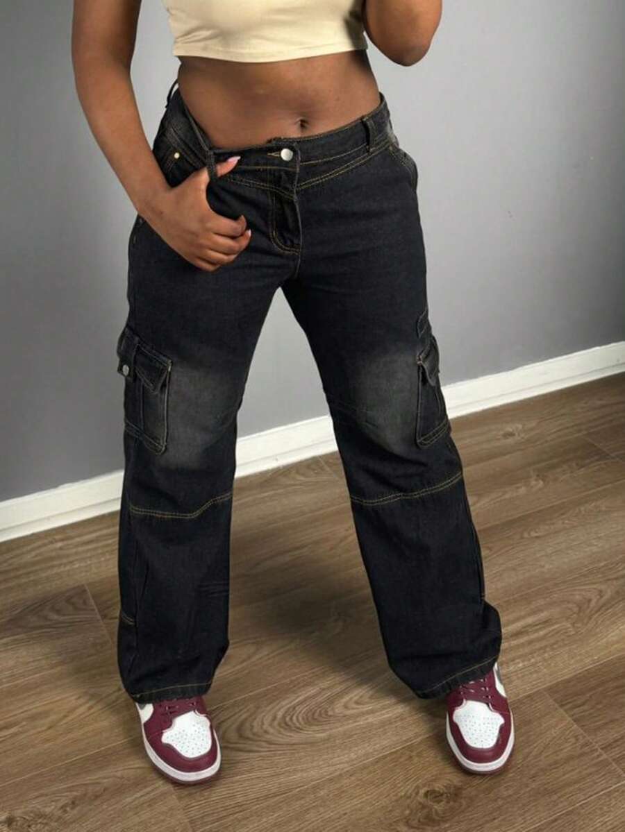 Retro Wide-Leg Work Jeans, Slim Fit, Brand, Multi-Pocket Design - Black - View 1