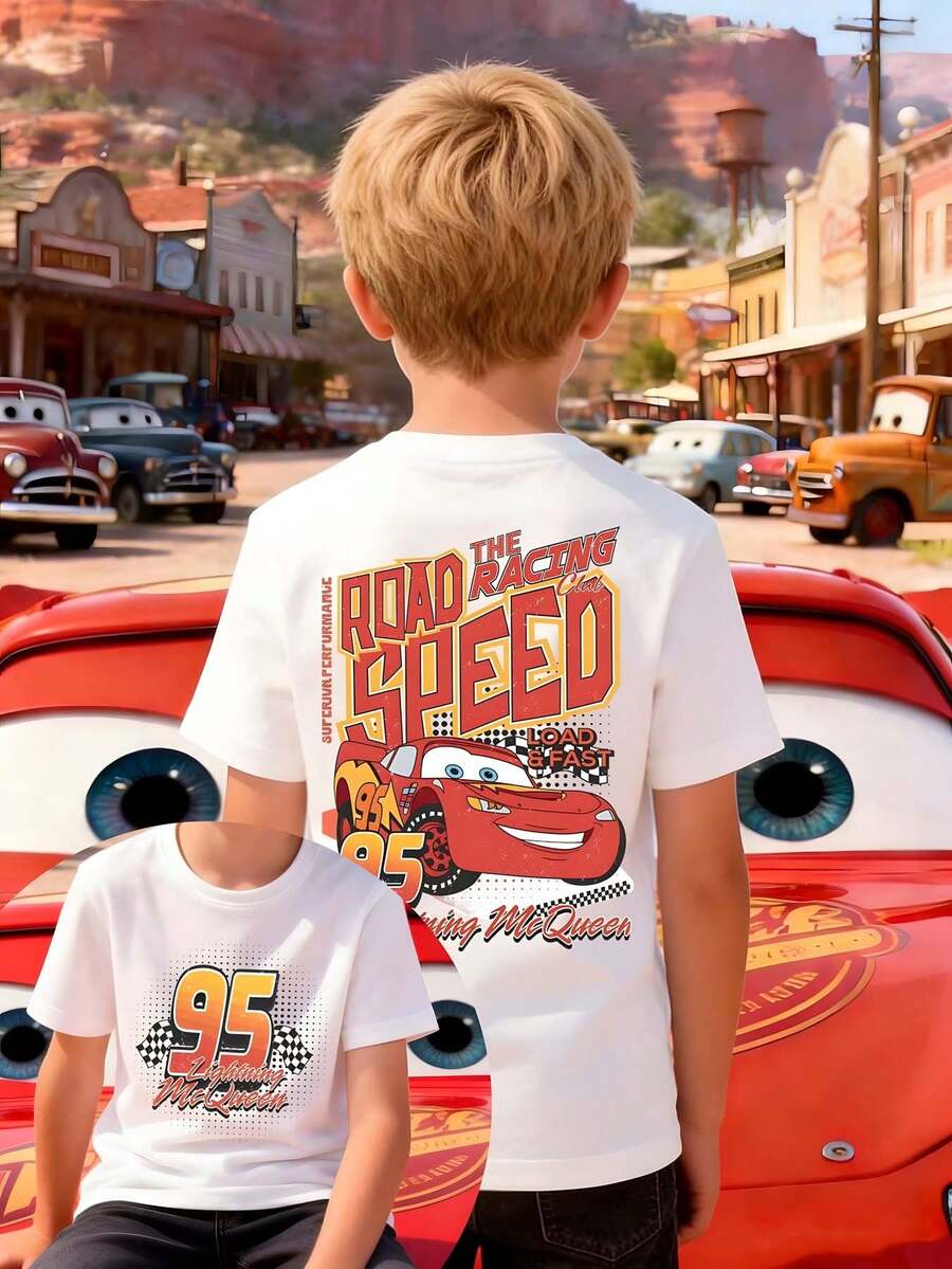 Disney Boys' T-Shirt Featuring A Creative Cartoon Print Of Lightning McQueen From Cars. Made From Soft, Comfortable, And Breathable Fabric, It's Perfect For Everyday Wear, Outings, And Activities-Making It An Ideal Gift For Kids. - 白色 - 查看 1