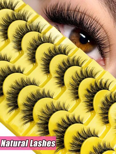 Hinarin 10对蓬松轻盈自然C型卷翘3D立体仿貂毛假睫毛，透明睫毛杆