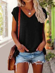 3件纯色V领宽松休闲T恤，舒适时尚，适合春夏日常及居家穿着。 - 彩色 - 查看 4