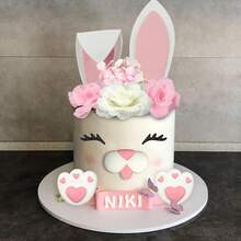 12 PCS Pink Bunny Cake Topper With Ear Foot Flower Eye Nose Easter Rabbit Baby Shower Birthday Party Cupcake Cake Decor Supplies - Pink - View 8