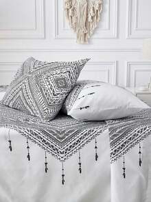 4pcs Geometric Pattern Bedding Set (1pc Fitted Sheet + 1pc Flat Sheet + 2pcs Pillowcases, Without Filler), Retro Style Bedding, Soft Polyester Fabric, Home Decor, Suitable For Various Bed Sizes - Multicolor - View 10