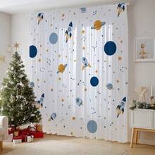 2PCS Yellow And Blue Star Space Science Fiction Sheer Curtains, With Pole Pockets To Protect Privacy, Suitable For Window Decoration In Bedrooms And Living Rooms, Kitchens, And Balconies,Fun Decorative Sheer Curtains,90gsm - Multicolor - View 2