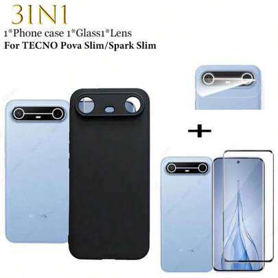 3IN1 For Te Cno Pova Slim 5G/Spark Silm 5G Case TPU-Silicone Soft Case-Shockproof-Fashion- Matte Anti-Yellowing Phone Case+9H Hardness-Tempered Glass Screen Protector For Te Cno Pova Slim 5G/Spark Silm 5G Anti Scratch-Crack Resistant-Bubble Free For Gaming +Lens Film 3 Packs Value Set -Easy Install Kit
