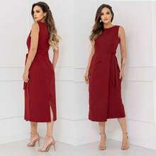 Women's Luxury Tailored Dress, Elegant With Tie Closure | Zipper | Comfortable And Stylish - 紅葡萄酒 - 查看 3