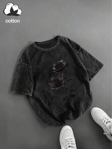 Plus Size Women's Casual Rose Vine Print Round Neck Short Sleeve T-Shirt, Suitable For Spring, Summer And Autumn Black - Black - View 4