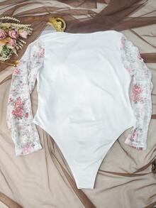 Plus Size Floral Lace Jumpsuit - Long Sleeve Sheer Mesh Party Jumpsuit - White - View 10