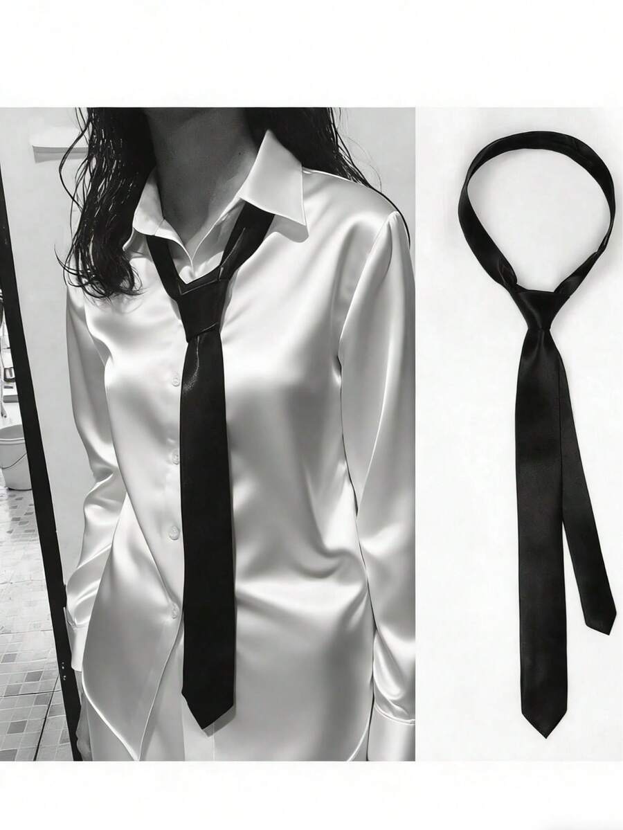 1pc Ladies' Polyester Narrow Necktie, Handmade, Suitable For Daily Shirt Decoration And As A Gift - màu đen - Xem 1