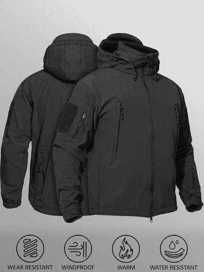 KEFITEVD Men's Fall And Winter Comfortable Jacket Adjustable Hooded Softshell Fleece Multi-Pocket Windproof Waterproof Warm Hiking Outdoor Sports Jacket Coat