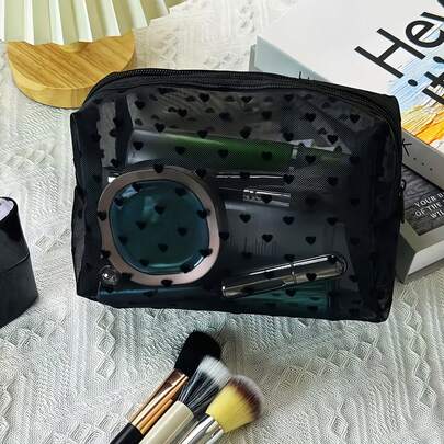 1个加厚心形网格图案化妆包，大容量八角形洗漱包，便携式小物件收纳袋