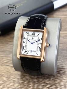 Pablo Raez 1件经典男士腕表，原创魅力男士商务腕表，玫瑰金银色，不褪色，棕色不锈钢，时尚设计，顶级品牌全新男士腕表，50米防水，罗马数字显示，带日期显示，休闲石英表，真皮表带 - 羅馬刻度錶盤 - 查看 2