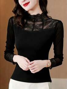 Women's Elegant Black Lace Collar Top - Sheer Mesh Details, Long Sleeve, Fitted T-Shirt Casual Spring - Black - View 4