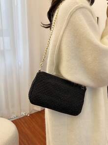 闪亮水钻链条肩带单肩包，时尚拉链手拿包，优质腋下包 - 黑色 - 查看 10