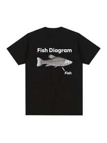 Camiseta informal con gráfico de diagrama de peces para hombre: negra con estampado blanco, tejido de punto ligeramente elástico, cuello redondo de corte regular, lavable a máquina para todas las estaciones, ropa de fácil cuidado, temporada F - Negro 24 - Ver 1