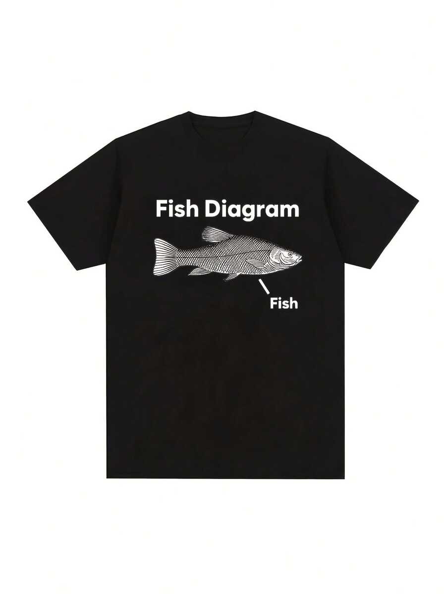 Camiseta informal con gráfico de diagrama de peces para hombre: negra con estampado blanco, tejido de punto ligeramente elástico, cuello redondo de corte regular, lavable a máquina para todas las estaciones, ropa de fácil cuidado, temporada F - Negro 24 - Ver 1