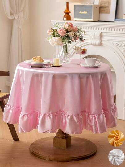 Ruffled Round Tablecloth, Pink Satin Table Cover With Ruffled Trim Fits 20-48 Inch Tables, Washable, Wrinkle-Resistant, Decorative For Banquet, Party, Kitchen