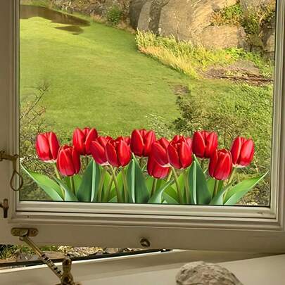 1 pieza Vinilo decorativo de tulipán rojo vibrante - Pegatina floral de jardín colorida, adecuada para la decoración del hogar y la sala de estar, diseño de arte de vinilo fácil de aplicar, estilo de primavera y verano, elemento decorativo vivo para el hogar | Decoración de primavera y verano | Pegatina floral autoadhesiva, vinilo decorativo de ventana
