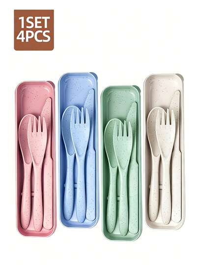 4pcs Portable Outdoor Cutlery Set With Storage Box - PP Plastic Camping Knife Fork Spoon, Soft Color Tones: Lightweight & Hygienic, Suitable For Camping, Picnic, Travel, Holiday Gifts (Easter), Back To School Supplies, Available In 4 Color Options