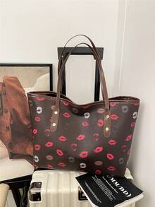 1pc Coffee Brown Metallic Rivet Decor Contrast Color Large Capacity PU Tote Bag, Women Shoulder Bag For Winter - Coffee Brown - View 2