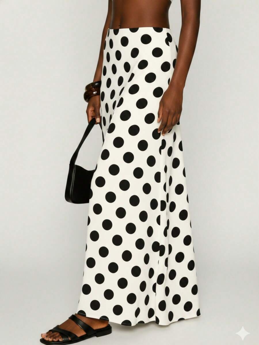 Women's Dot Print Long Skirts Fashionable Casual Low Rise Flowy Going Out Midi Skirt - White - View 1