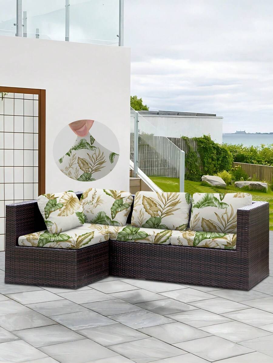 1件装户外绿色树叶印花沙发坐垫套，弹性半包式沙发坐垫套，适用于露台沙发坐垫